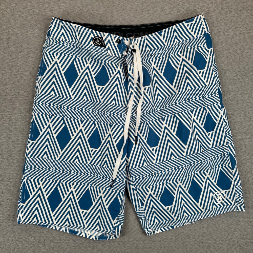Volcom Board Shorts Men's 30 Blue White Geometric Chevron Swim Trunks Surf AOP